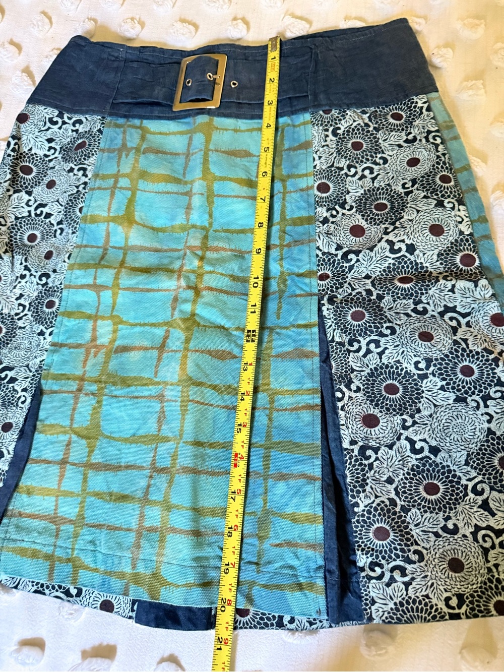Size 4 /38 Custo Barcelona Blue, Teal and Olive Patchwork A-Line Skirt with Belt - Picture 3 of 7